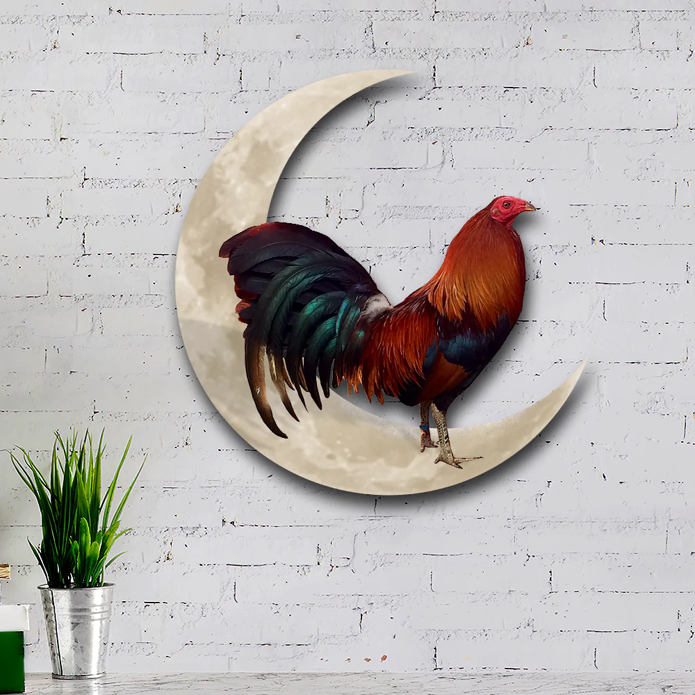 Rooster And Moon Hanging Metal Sign, Gamefowl Rooster, Fighting Rooster