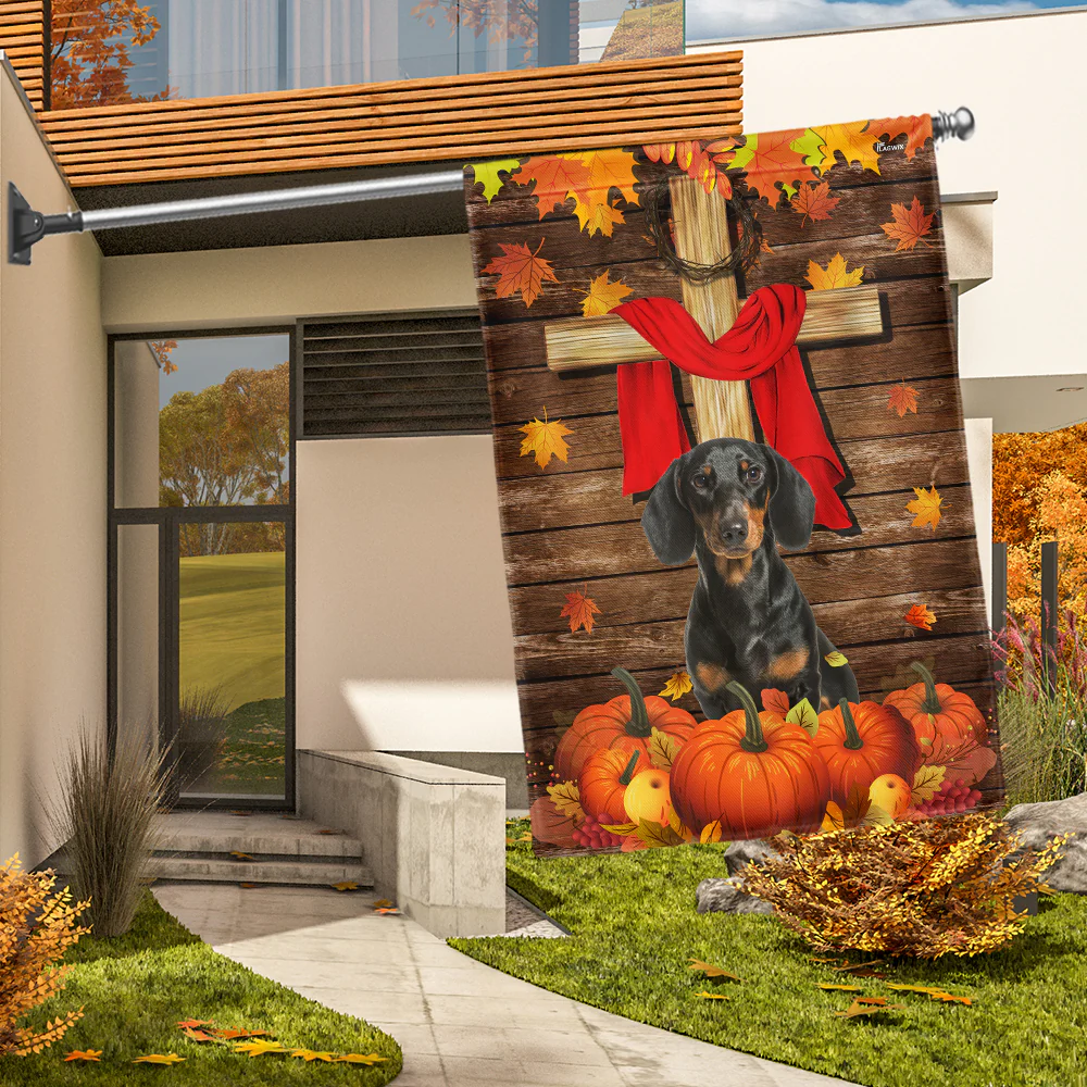 Dachshund Flag, Autumn Pumpkins And Wooden Cross Garden Flag, Rustic Thanksgiving Outdoor Decoration, Christian Fall Yard Flag For Dog Lovers Home Decor