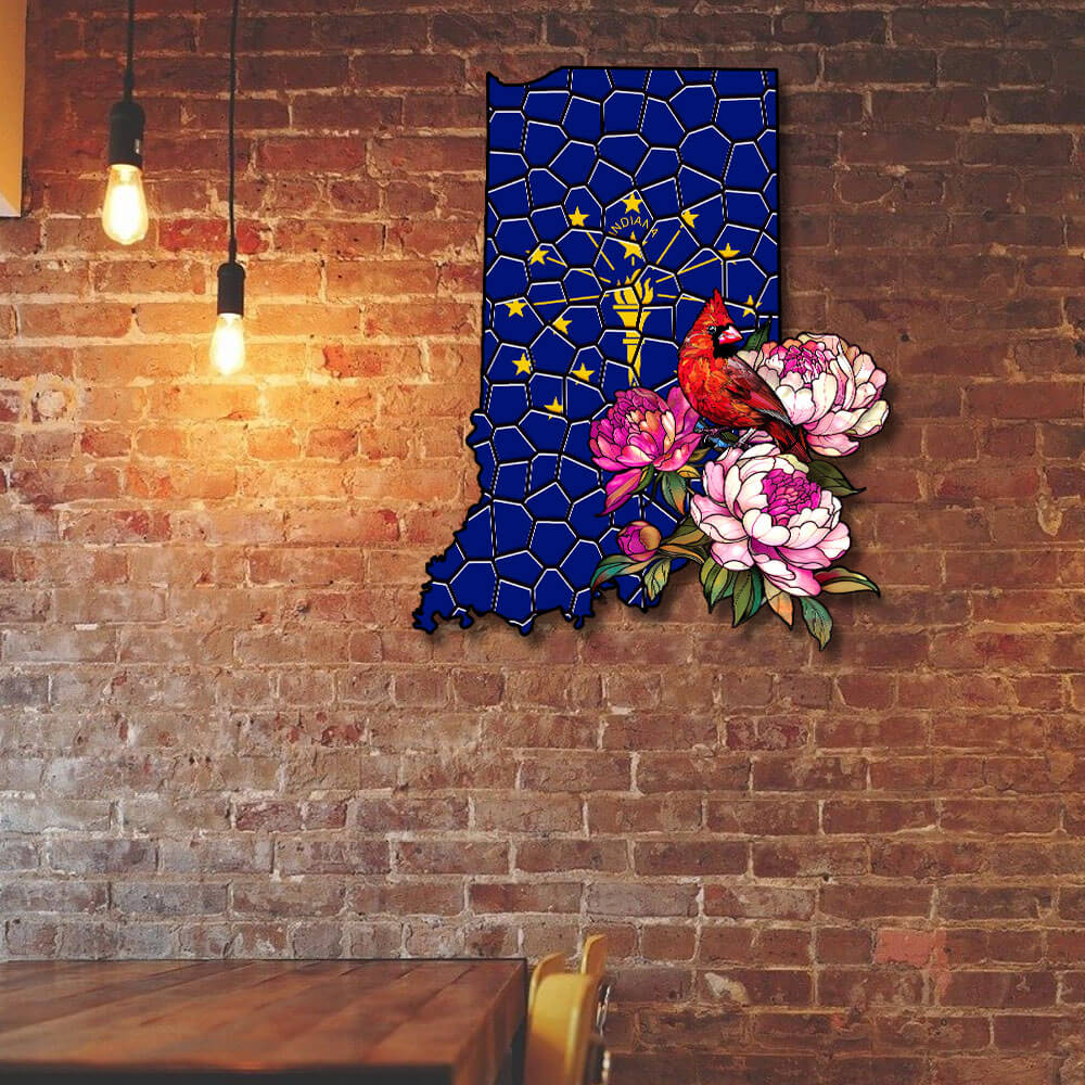 Indiana Cardinal and Peony Flower Hanging Metal Sign, Art Wall Decor