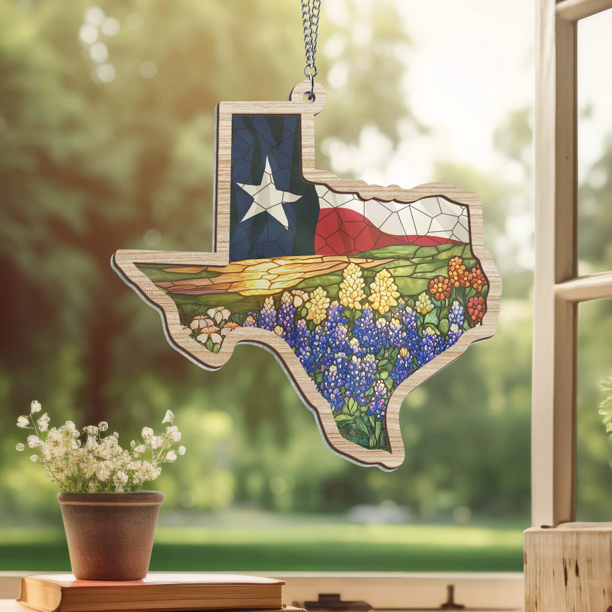 Texas Flag and Bluebonnets Flower 2 Layered Hanging Suncatcher 3-Day Shipping