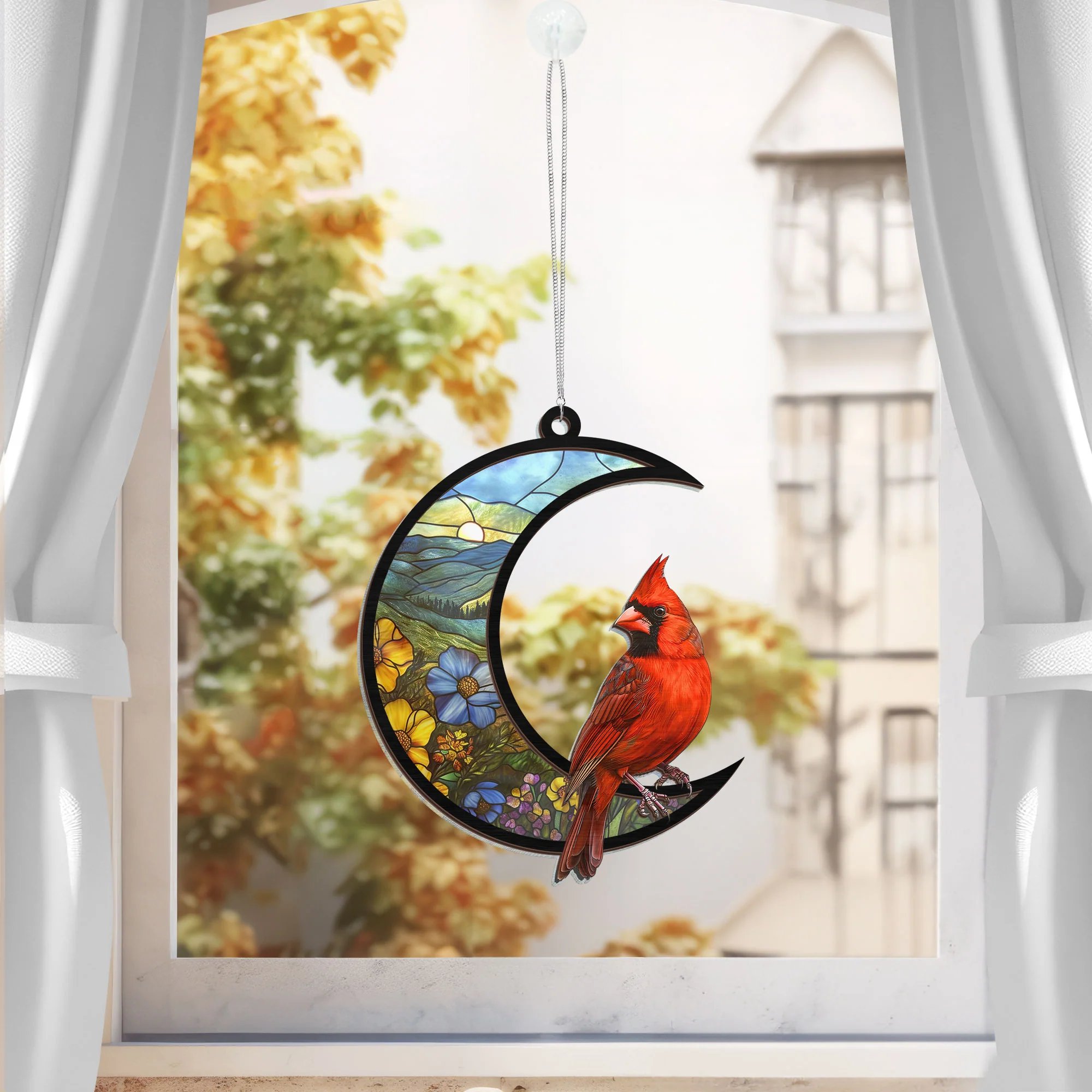 Cardinal On The Crescent Moon 2 Layered Hanging Suncatcher