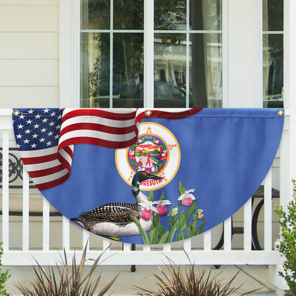 Minnesota State Lady's Slipper Flower and Loon Non-Pleated Fan Flag