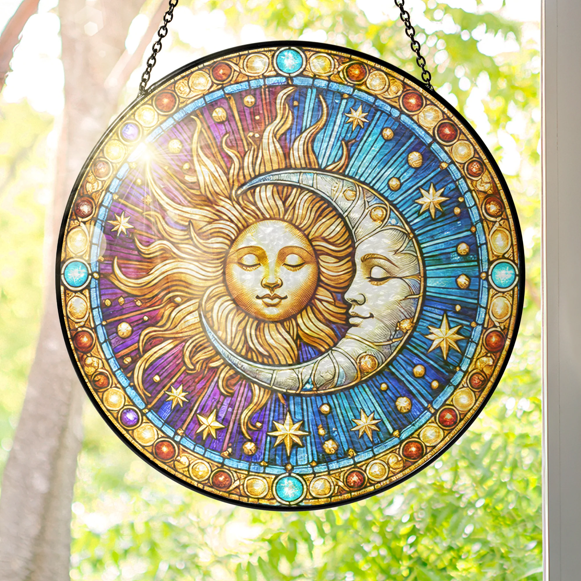 Moon Sun Stained Glass Suncatcher - Colorful Witchcraft Window Art, Handmade Celestial Hanging Ornament for Year-Round Spiritual Home Decor 3-Day Shipping