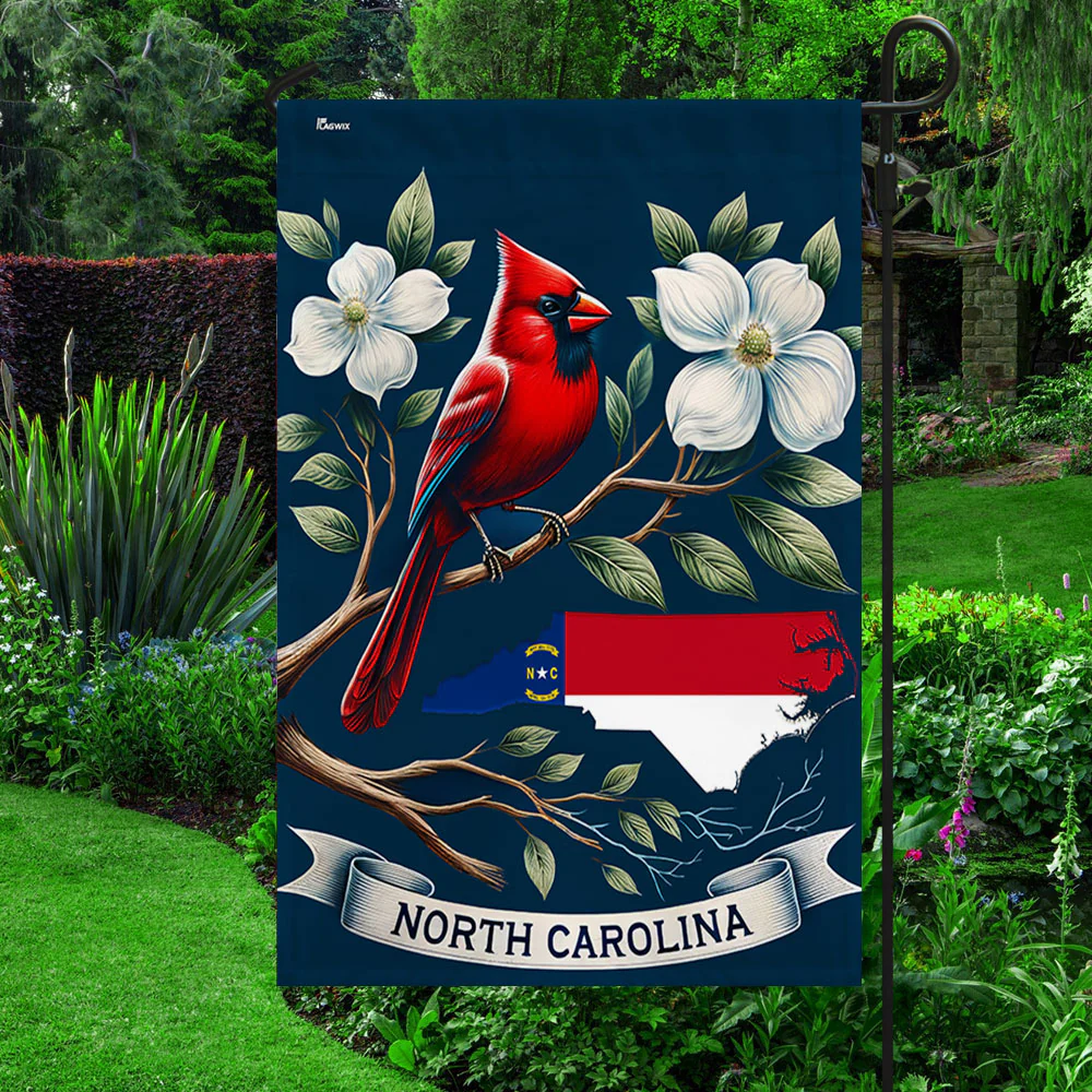 Bimipi  North Carolina Map Flag With Cardinal and Flowering Dogwood Flag