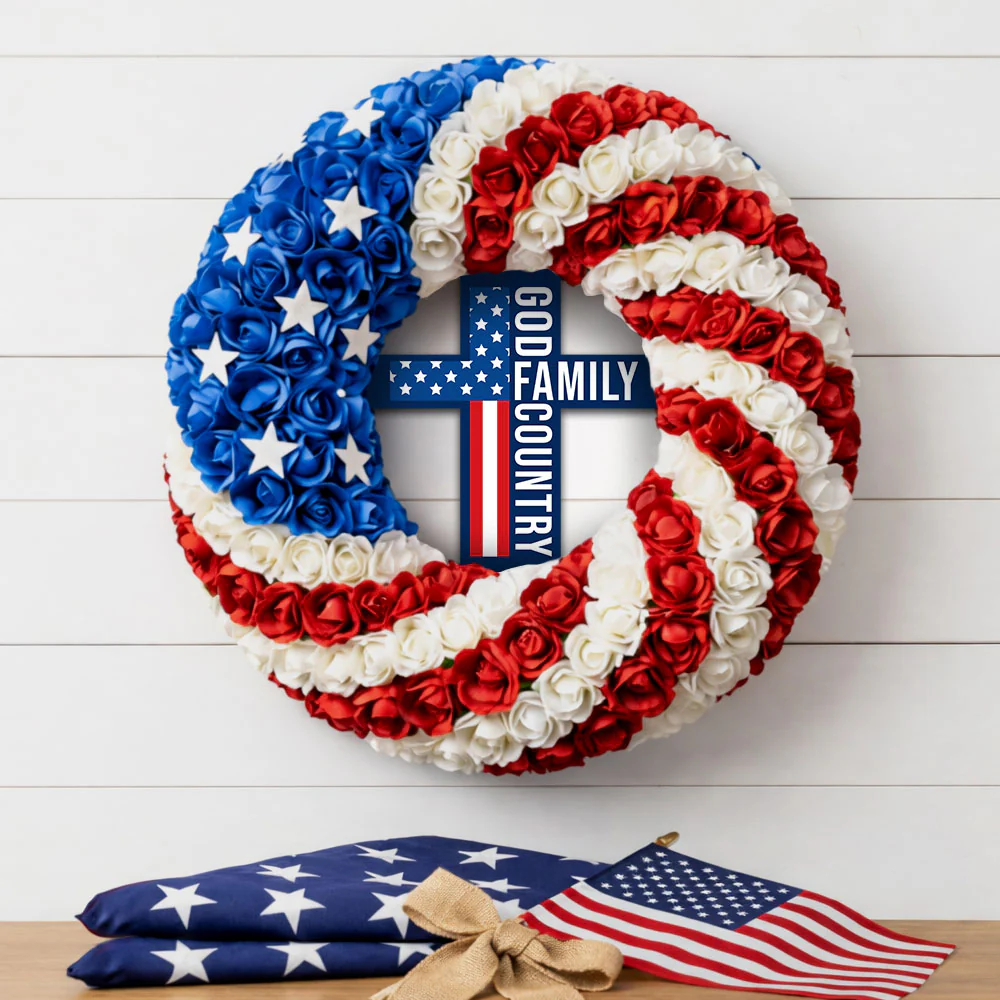 Patriotic Christian Cross Front Door Wreath for 250 Years of America Decor