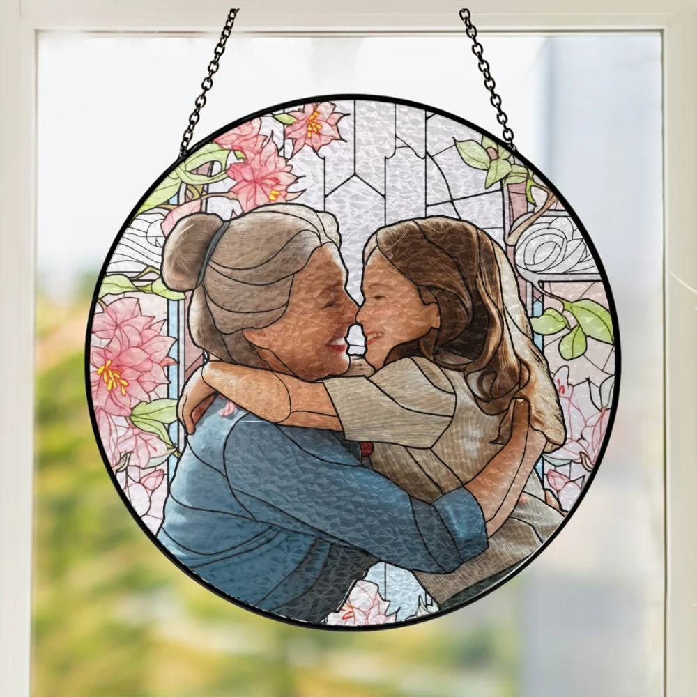 Personalized Grandma And Grandkids Custom Photo Mother's Day Stained Glass Suncatcher