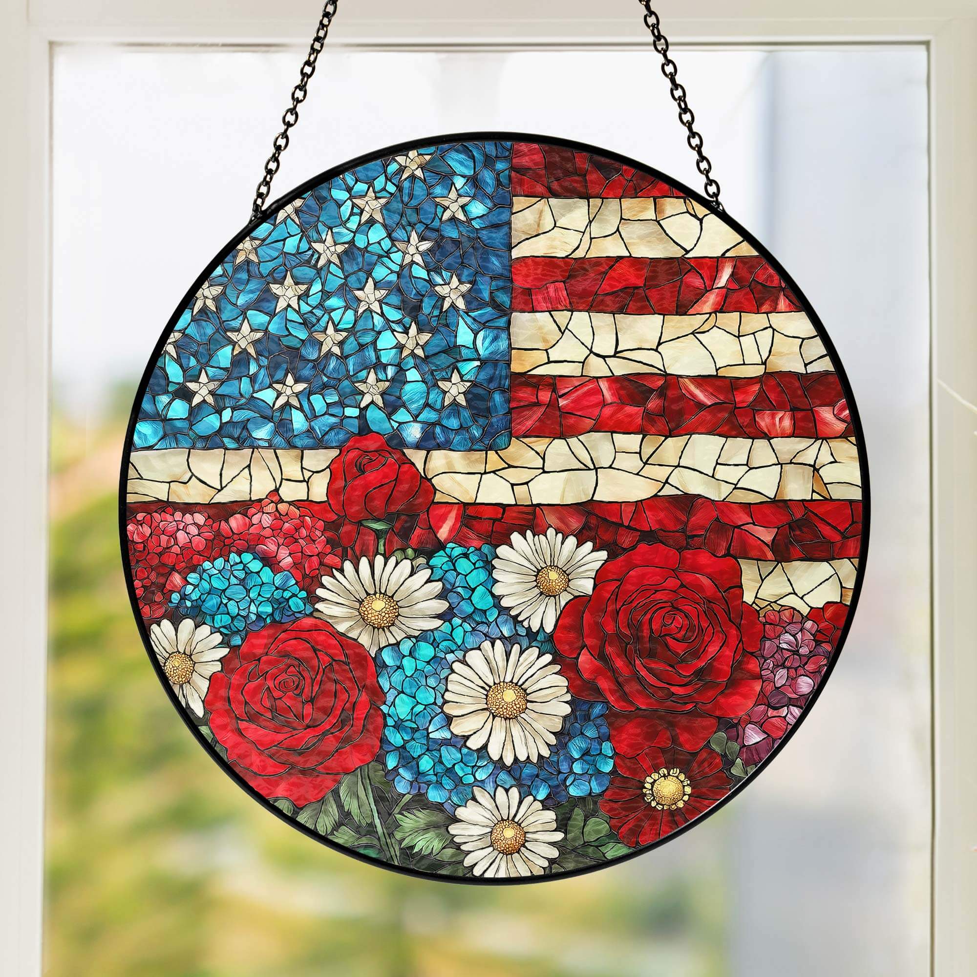 Bimipi American Flag - Patriotic Floral USA Flag Stained Glass Suncatcher Window Decor