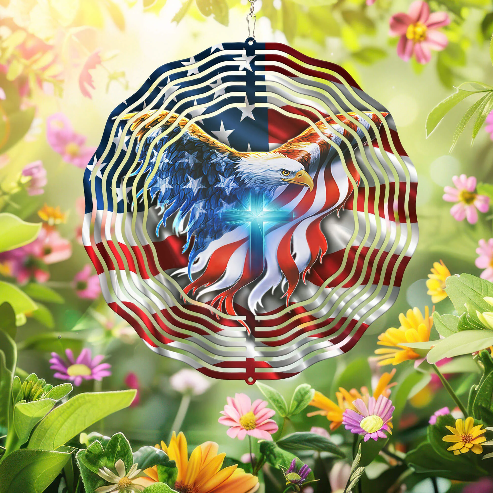 Patriotic Eagle with Christian Cross American Wind Spinner 3-Day Shipping