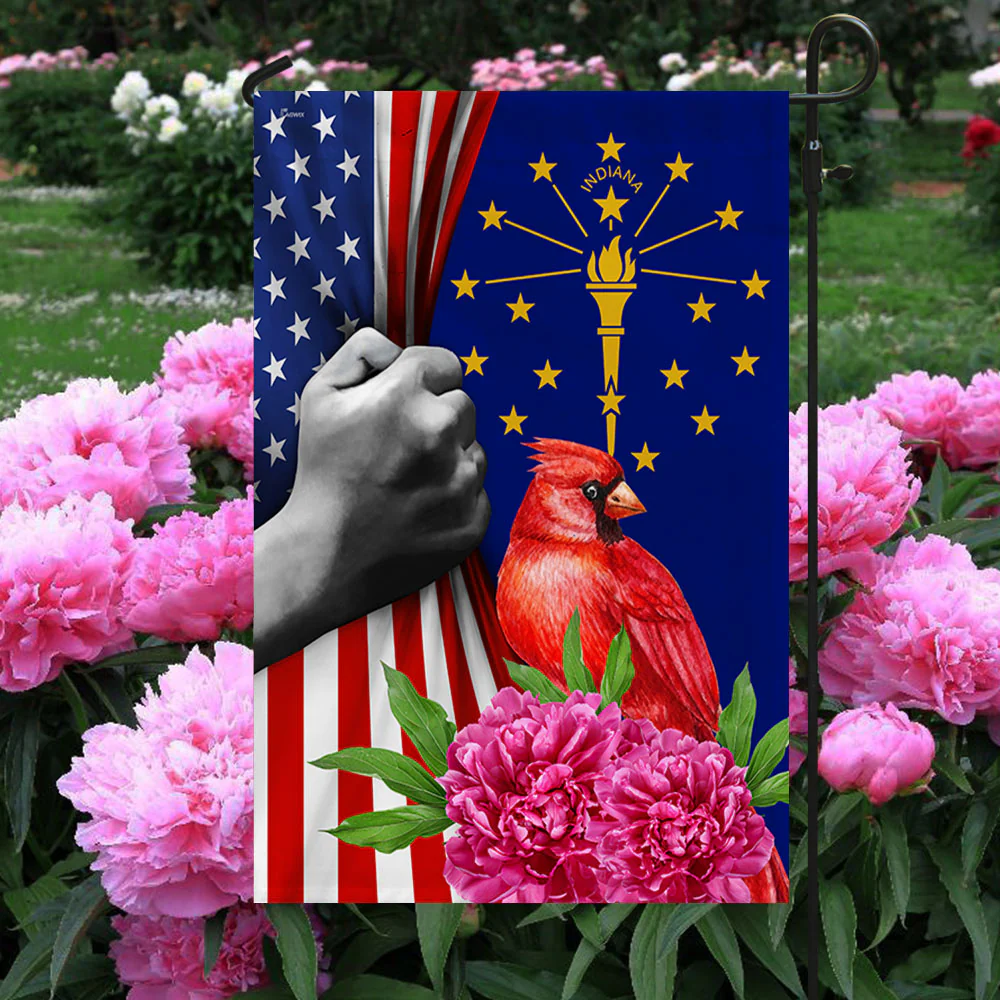 Indiana State Cardinal With Peony Flower Flag