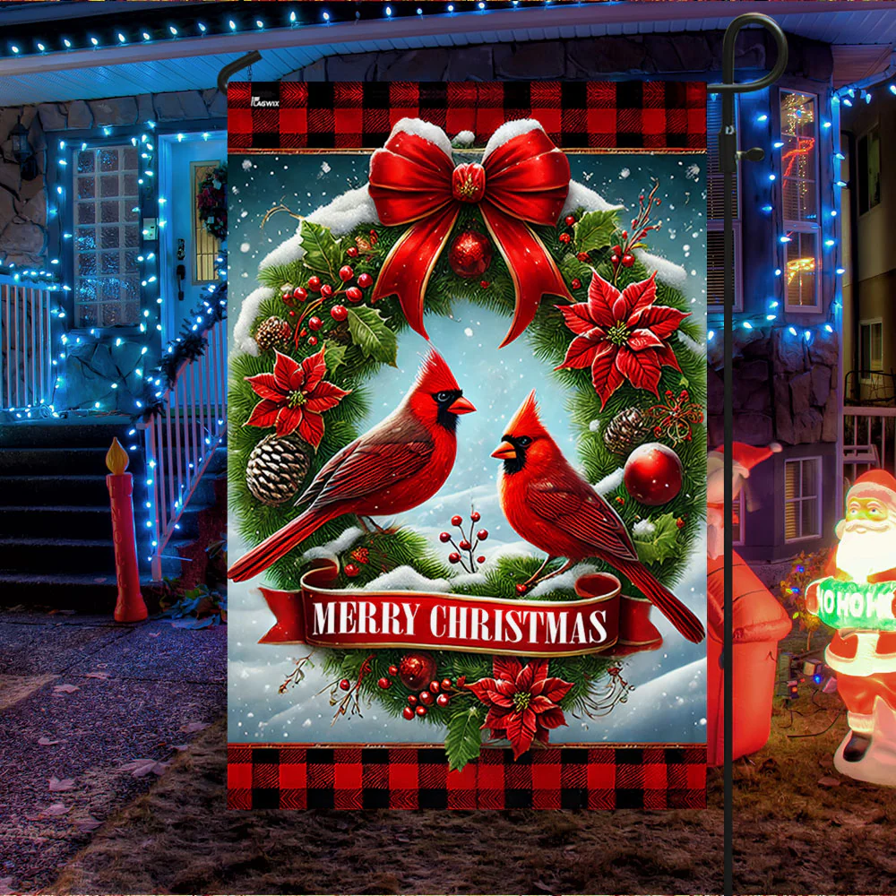 Red Cardinal Christmas Wreath Flag