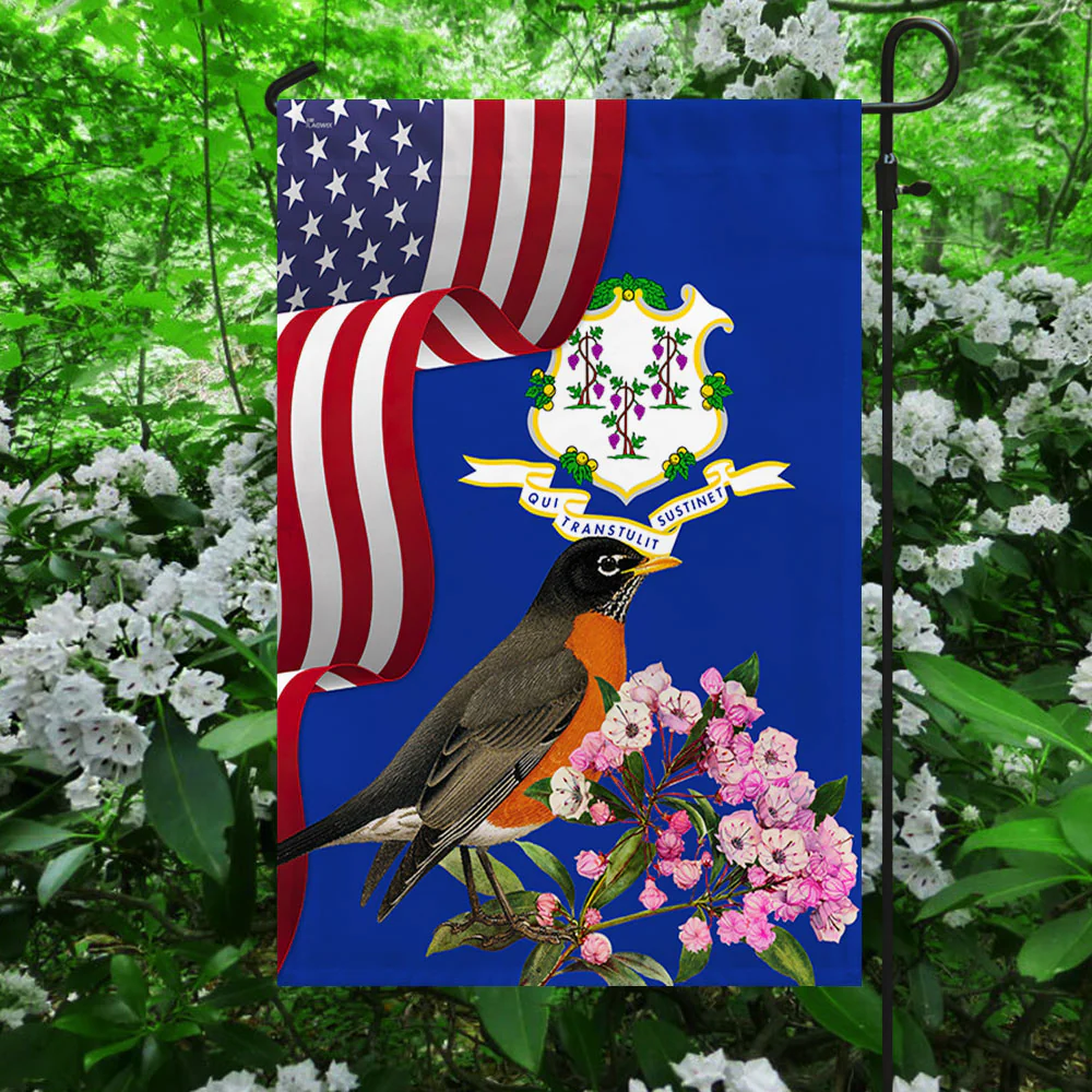 Connecticut State  American Robin Bird and Mountain Laurel Flower Flag MLN1141Fv15