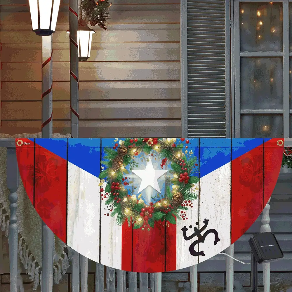 Puerto Rico Boricua with Christmas Wreath Puerto Rican Solar Led Fan Flag
