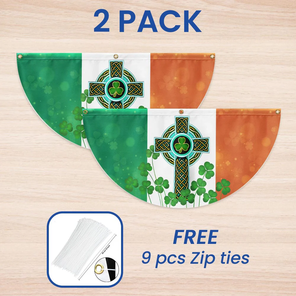 Irish Celtic Knot Cross Shamrocks Non-Pleated Fan Flag